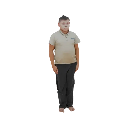 3D model of a young boy with short hair, wearing a beige polo shirt and dark pants, standing with arms at his sides.