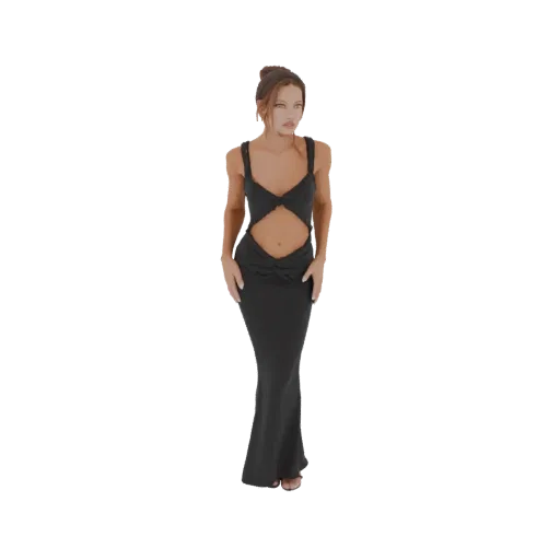 3D model of a woman wearing a black cutout maxi dress, standing and looking to the side.