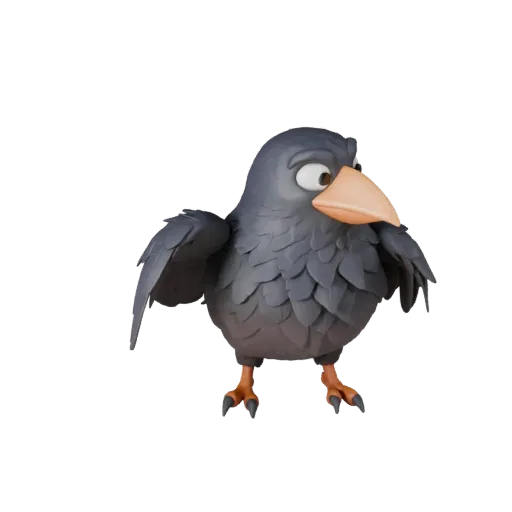 Cartoon Krähen-3D-Modell, Seitenansicht Wildtier-Rendering, stilisiertes Tier-Asset mit Schnabelprofil, geschichtetem Gefiede
