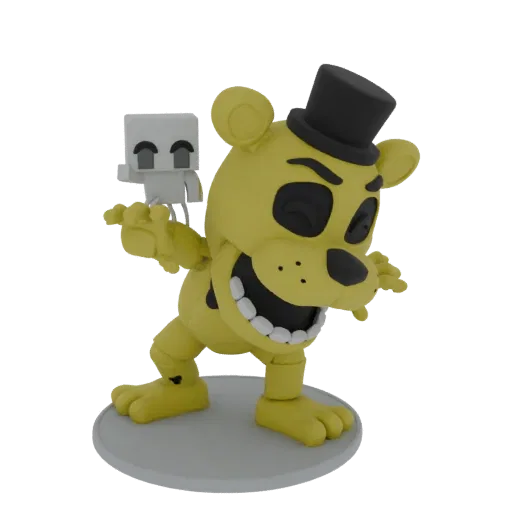 3D-Modell von Golden Freddy aus Five Nights at Freddy's mit einer kleinen Schattenfigur auf der Hand, stehend auf einer runde