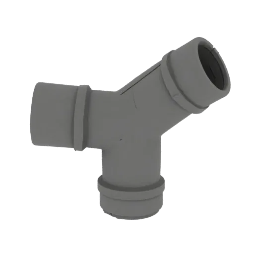 3D model of an elbow tee pipe connector, gray, with one straight inlet and two angled outlets.