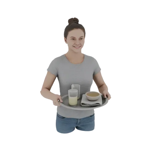 3D model of a smiling woman in a grey t-shirt and denim shorts, holding a tray with a drink and a bowl of food.