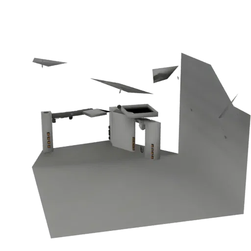 Modello 3D di una scrivania da ufficio moderna e minimalista con monitor e case del computer, caratterizzata da linee pulite