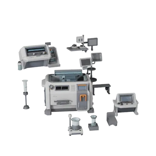 Futuristic Containment Pod Low Poly 3D model, game viewport three-quarter view, showing clean metal, bench-top devices.