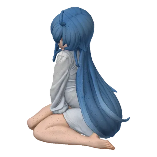 3D model of a young anime girl with long blue hair, wearing a white outfit, sitting peacefully with her head bowed.
