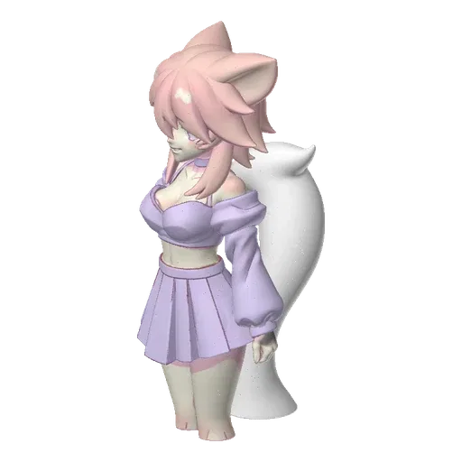 3D model of a cute anime fox girl with pink hair, wearing a pastel purple outfit, standing with a playful expression.