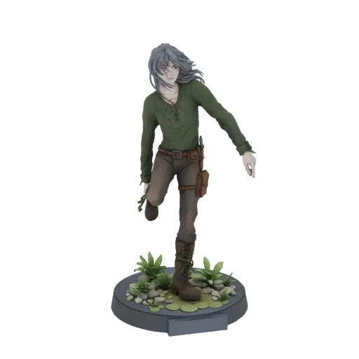 3D model of a male adventurer with grey hair, wearing a green tunic and brown pants, holding a small plant, standing on a dio