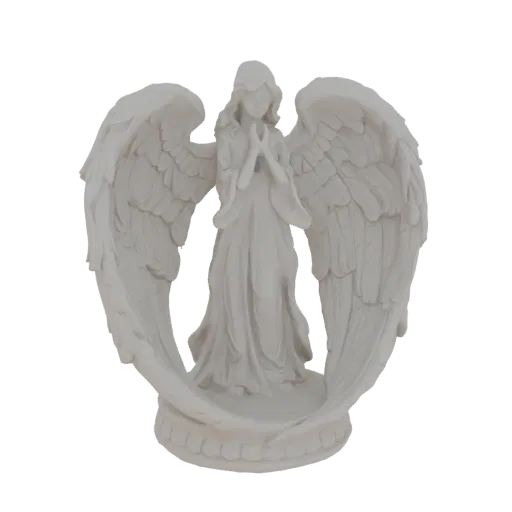 3D model of a white, stone-like angel with large, detailed wings, hands clasped in prayer, set against a black background.