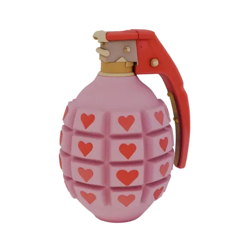 3D-Modell einer rosa segmentierten Handgranate mit roten Herzmotiven, goldenen Details und einem roten Hebel, vor weißem Hint