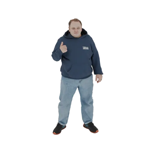 3D model of a man in a blue hoodie and jeans, standing and giving a thumbs-up gesture.