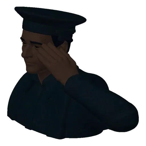 3D model of a soldier bust wearing a cap and saluting, rendered in a neutral gray material.