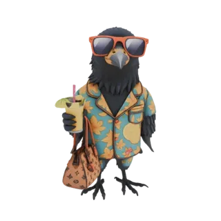 3D-Modell eines schwarzen Raben mit Hawaiihemd und Sonnenbrille, der einen tropischen Drink und eine Designer-Handtasche hält