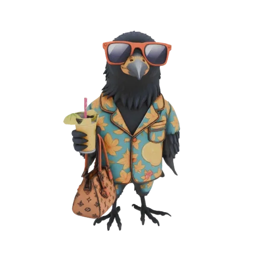 3D model of a black crow wearing a Hawaiian shirt and sunglasses, holding a tropical drink and a designer handbag.