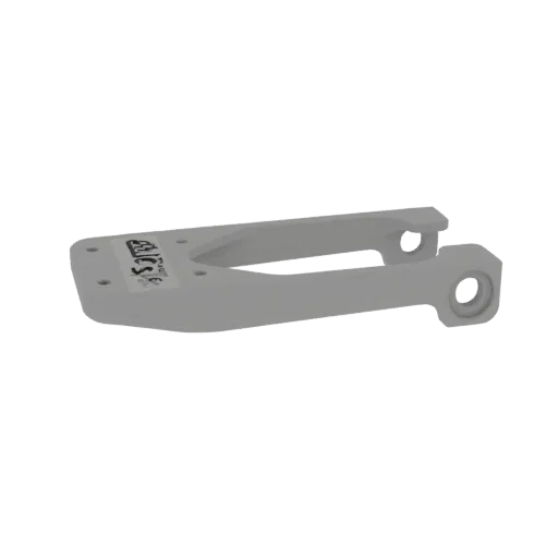 3D model of a light gray motorcycle swingarm with a black logo on its surface, shown from a side angle.