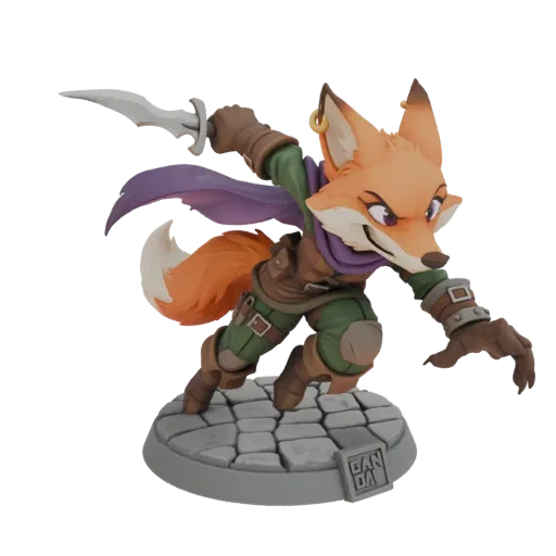 3D model of a stylized fox rogue character holding a dagger, wearing adventurer's clothes, and standing on a cobblestone base.