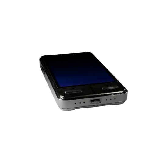 Compact Smartphone 3D model, three-quarter front view, Unity viewport, showing glass screens, thin device proportions.