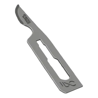 3D model of a surgical scalpel blade, size No. 10, with a sharp curved edge and a central slot for handle attachment.