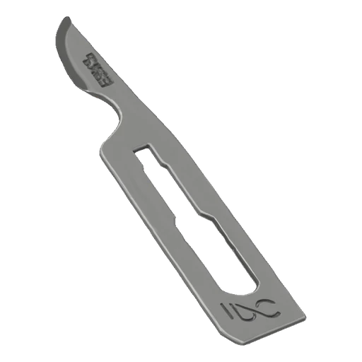 3D model of a surgical scalpel blade, size No. 10, with a sharp curved edge and a central slot for handle attachment.