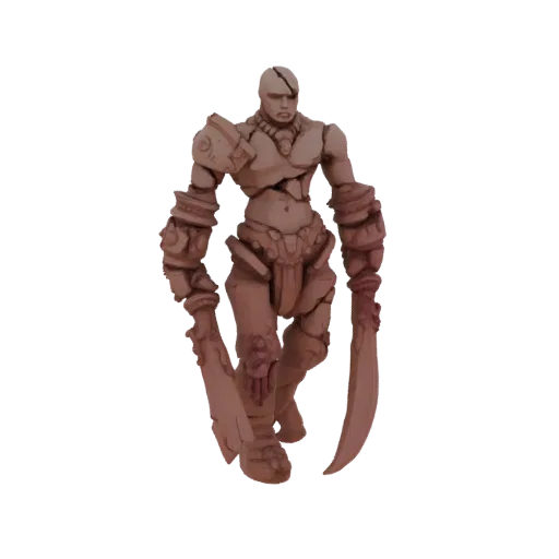3D model of an ancient warrior with a scarred face, wearing armor, and wielding two large curved blades.