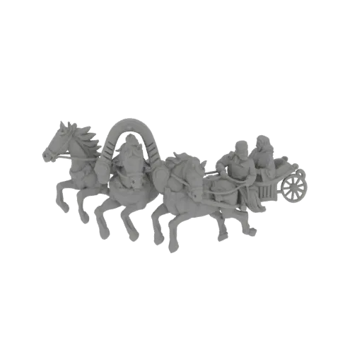 3D-Modell einer grauen, monochromen Pferdekutsche mit zwei Pferden und zwei Figuren darin, vor schwarzem Hintergrund.