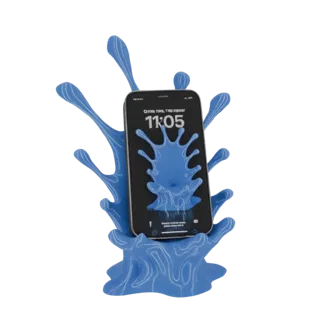 3D model of a smartphone resting in a stylized, vibrant blue liquid splash that acts as a phone stand.