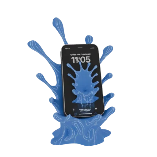 3D model of a smartphone resting in a stylized, vibrant blue liquid splash that acts as a phone stand.