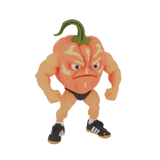 3D model of a muscular orange pumpkin character with an angry face, wearing a black speedo and athletic shoes, striking a pow