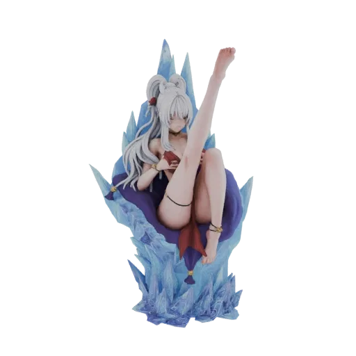 Modelo 3D de uma Rainha do Gelo de fantasia com cabelo prateado, vestindo traje escuro, sentada em um trono de cristais de ge