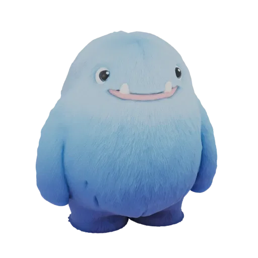 A 3D render of a cute, round, blue fluffy monster plush toy with big eyes and two front teeth, set against a black background