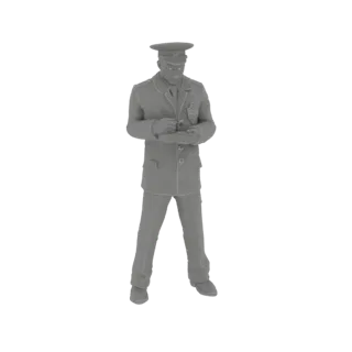 3D-Modell eines männlichen Wachmanns in Uniform, stehend und auf etwas in seinen Händen blickend.