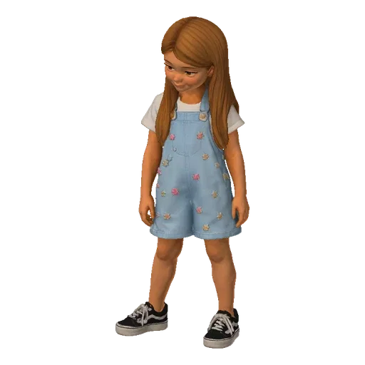 3D model of a cute young girl with brown hair, wearing blue overalls with floral patterns, standing and looking down slightly