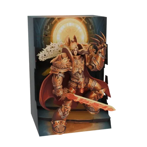 3D model render of the Golden Emperor of Mankind in ornate golden armor, holding a glowing sword, in a dynamic pose.