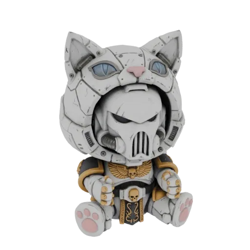 3D model of a Warhammer Space Marine wearing a white cat hood, sitting with paws out, featuring blue eyes and pink paw pads.