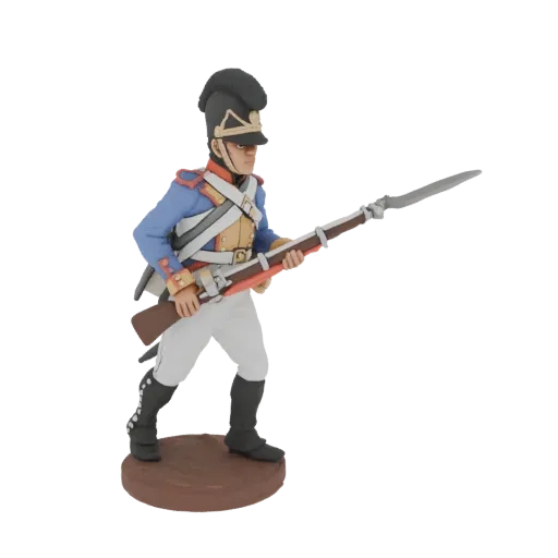 3D model of a Napoleonic era soldier in uniform, holding a musket and standing on a brown base.