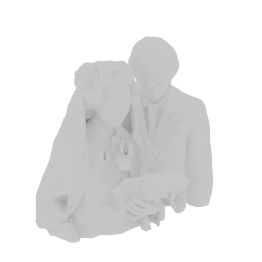 3D model render of a wedding couple, bride in veil and groom in suit, holding hands in a romantic pose.