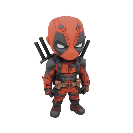 A stylized 3D model of Deadpool in a chibi form, standing and looking forward, with his signature red and black costume and k