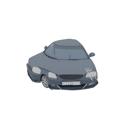 3D model of a stylized gray sedan with white scratch marks on the front, featuring a visible license plate.