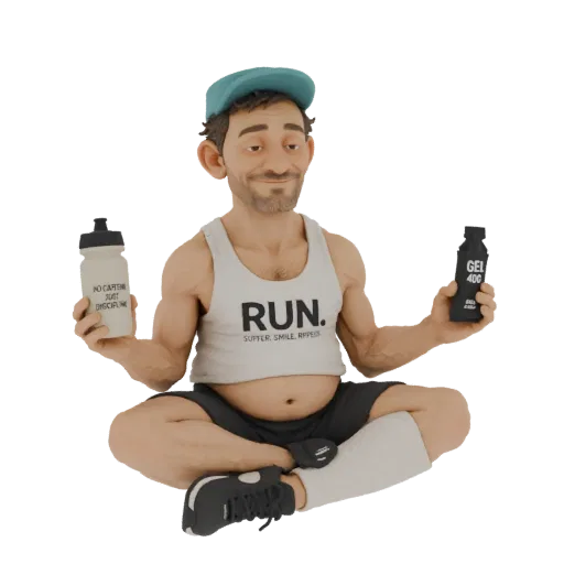 3D model of a runner meditating, holding a water bottle and energy gel, wearing a 'RUN' tank top.
