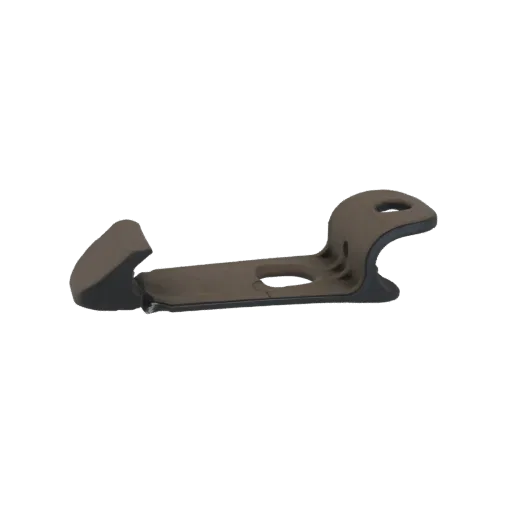 3D model of an ergonomic brown office chair seat base, viewed from the side