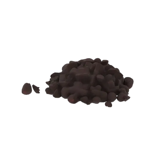Un modello 3D di un mazzo di bacche scure e lucide con alcune sparse di lato, su sfondo nero.