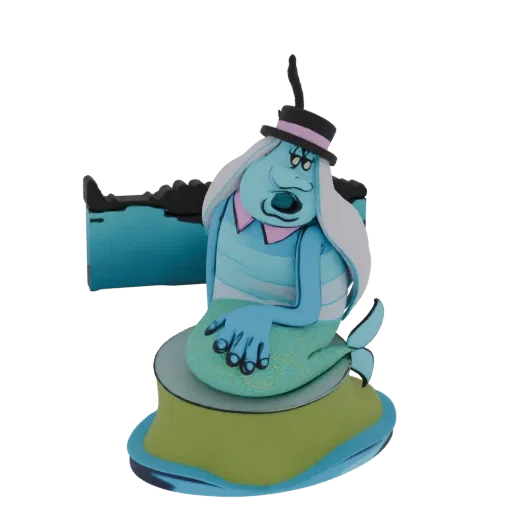 3D model of a whimsical blue merman wearing a black top hat, sitting on a green and blue base with a black background.