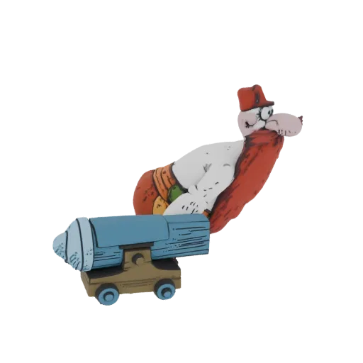 3D model of Yosemite Sam, the cartoon character, in a cowboy hat, holding a cannon that is aimed forward.