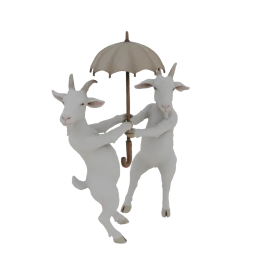 A 3D model of two white goats holding an umbrella together, with one goat leaning to the side.