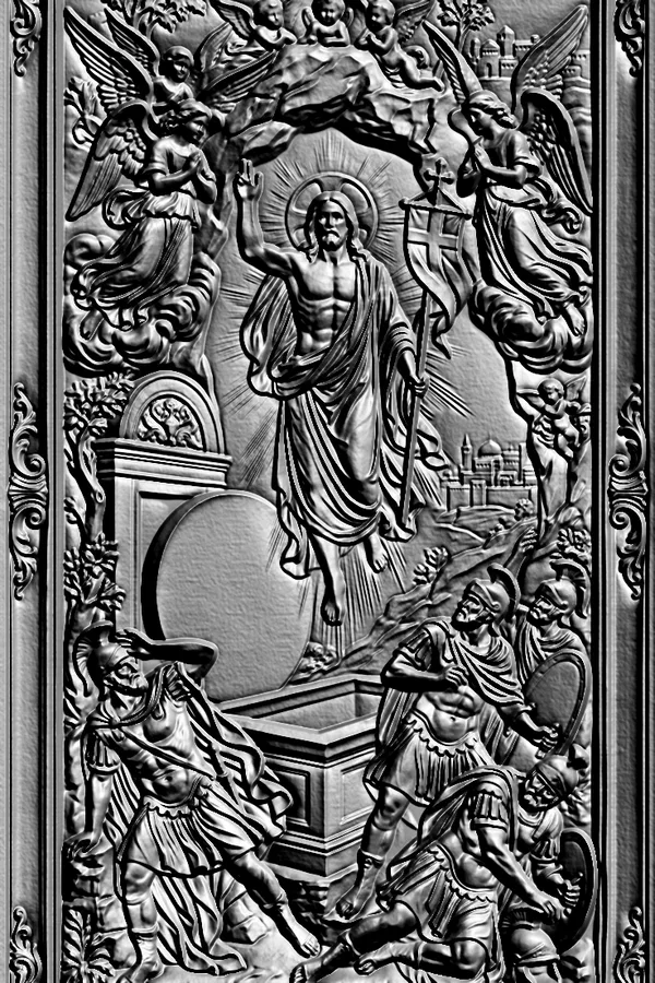 3D model of Resurrection of Christ bas-relief, showing Christ, angels, and guards at the tomb