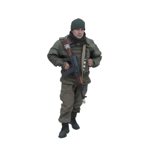 3D-Modell eines Soldaten in grüner taktischer Uniform, der ein AK-47 Gewehr hält, vor weißem Hintergrund stehend.