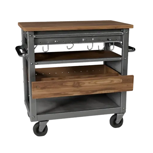 Mechanic Tool Cart 3D model, side profile view, technical viewport render, showing steel frames, stable fixtures.
