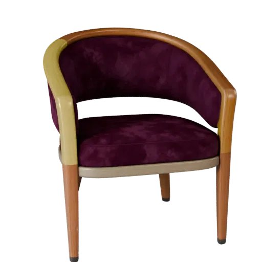 Velvet Accent Chair Realistic 3D model, home interior, three-quarter studio render, wood detail.