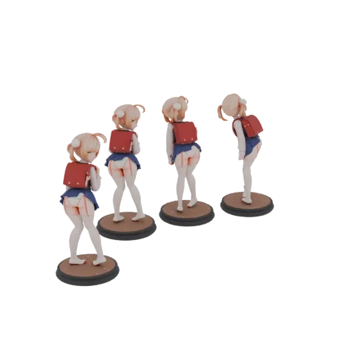 A set of four 3D models of anime-style schoolgirls in uniform, each with a red backpack, posed individually on circular bases.