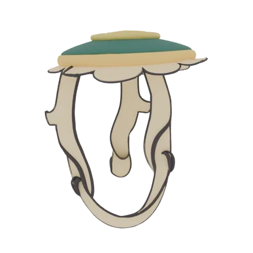3D model of an ornate table lamp with a green and yellow layered lampshade and a flowing, dark-outlined base.