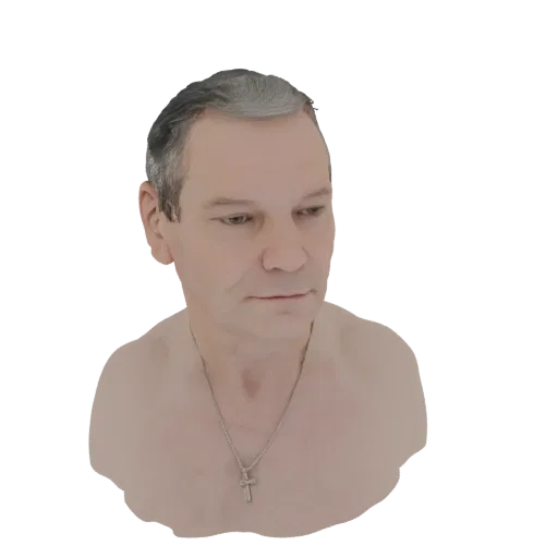 3D model of a man with short, graying hair, looking down, wearing a silver cross necklace.